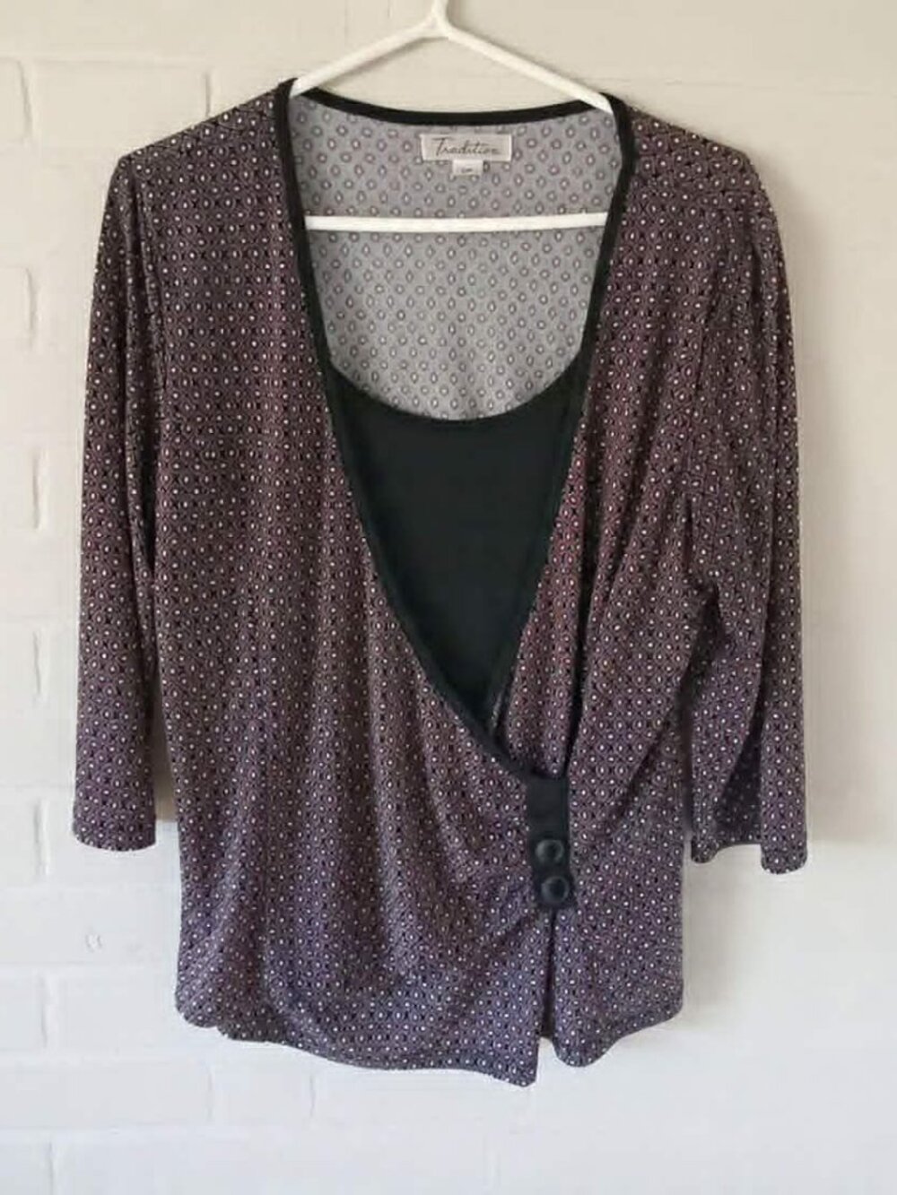 Tradition Women's Patterned Blouse Two Layers Black and Brown Size Large